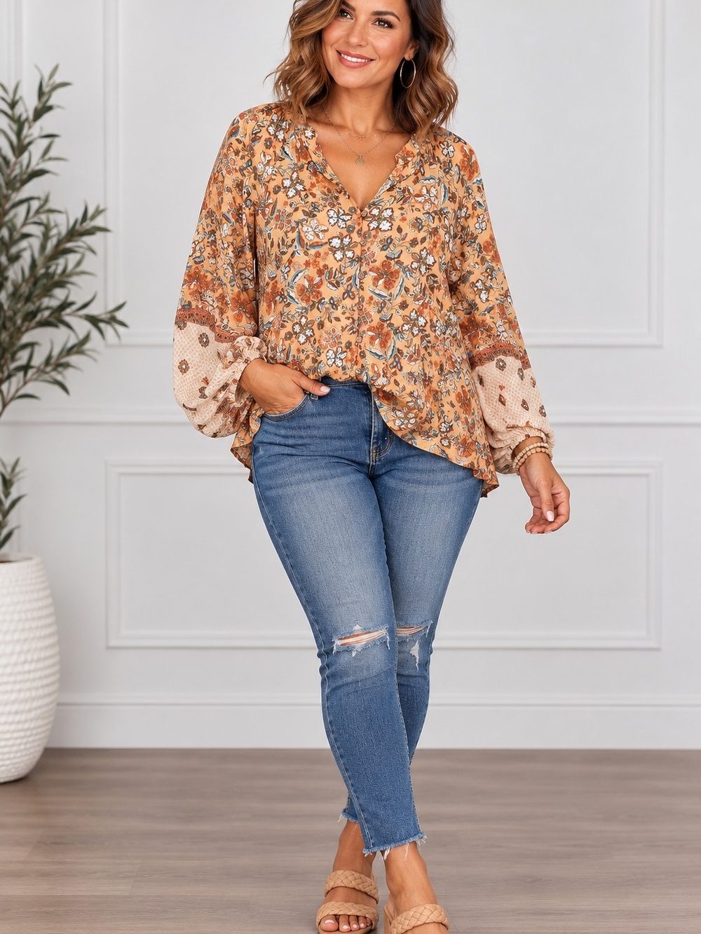 Boho Floral V-Neck Blouse in Golden Tan